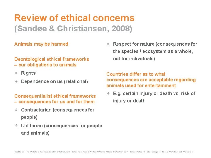 Review of ethical concerns (Sandøe & Christiansen, 2008) Animals may be harmed Respect for
