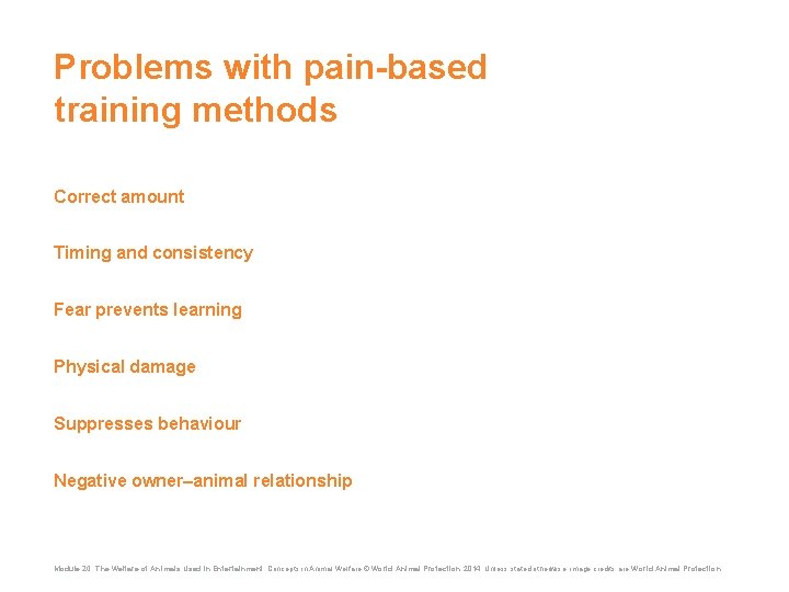 Problems with pain-based training methods Correct amount Timing and consistency Fear prevents learning Physical