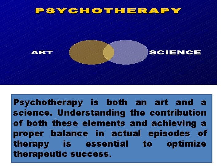 Psychotherapy is both an art and a science. Understanding the contribution of both these