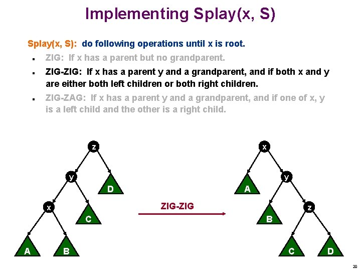 Implementing Splay(x, S): do following operations until x is root. n n n ZIG: