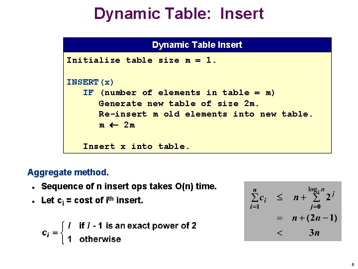 Dynamic Table: Insert Dynamic Table Insert Initialize table size m = 1. INSERT(x) IF