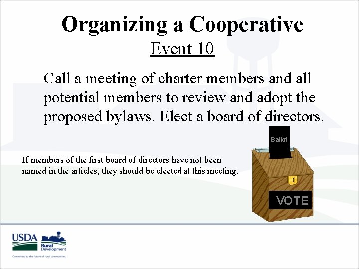 Organizing a Cooperative Event 10 Call a meeting of charter members and all potential