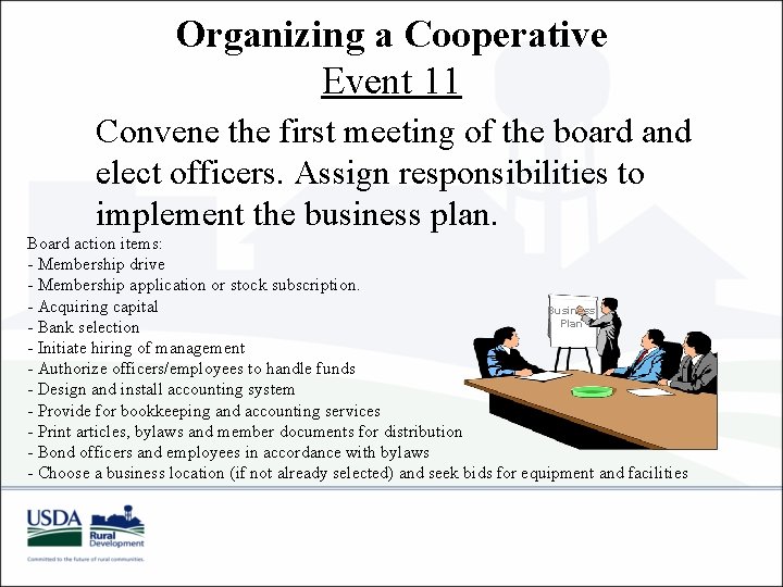 Organizing a Cooperative Event 11 Convene the first meeting of the board and elect