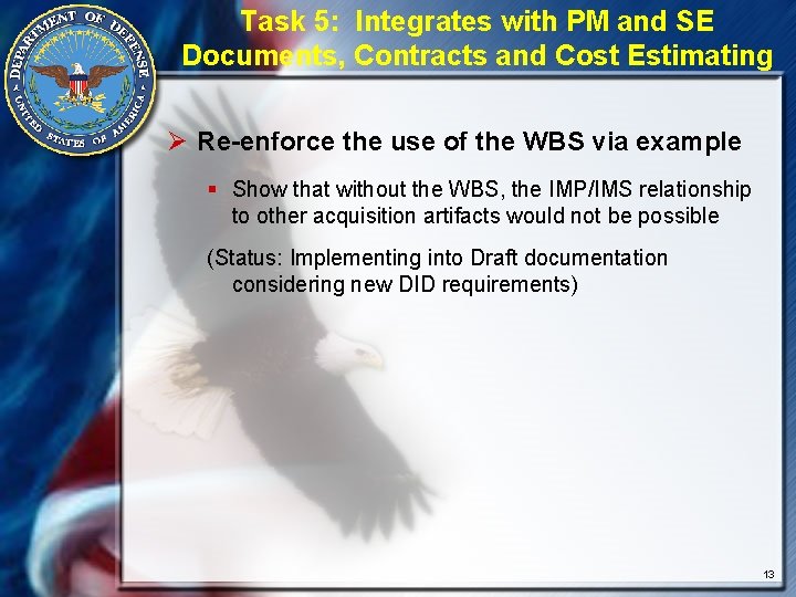 Task 5: Integrates with PM and SE Documents, Contracts and Cost Estimating Ø Re-enforce