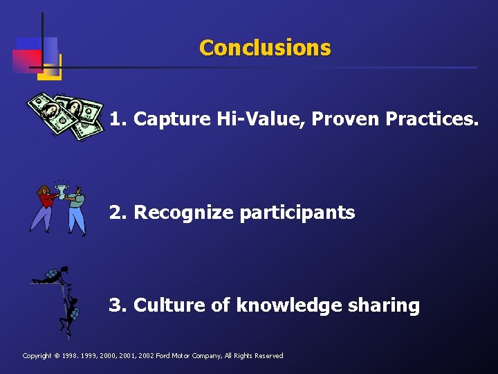 Conclusions 1. Capture Hi-Value, Proven Practices. 2. Recognize participants 3. Culture of knowledge sharing