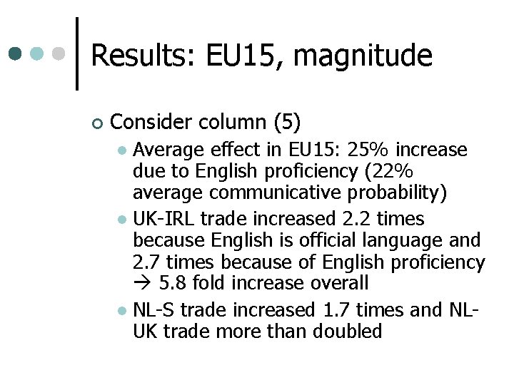 Results: EU 15, magnitude ¢ Consider column (5) Average effect in EU 15: 25%