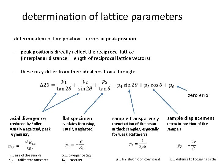 determination of lattice parameters determination of line position – errors in peak position -