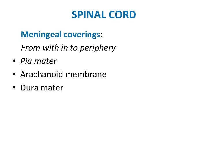 SPINAL CORD Meningeal coverings: From with in to periphery • Pia mater • Arachanoid