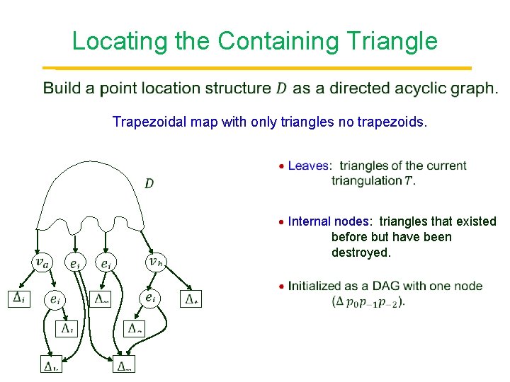 Locating the Containing Triangle Point Trapezoidal map with only triangles no trapezoids. Internal nodes: