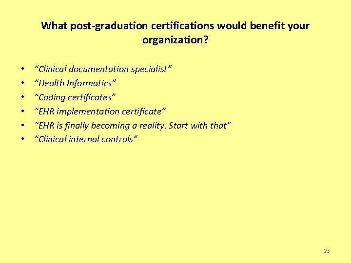 What post-graduation certifications would benefit your organization? • • • “Clinical documentation specialist” “Health