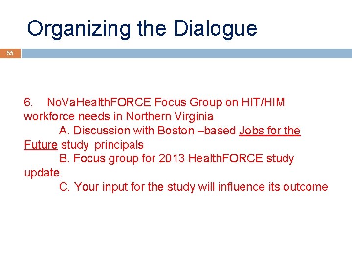 Organizing the Dialogue 55 6. No. Va. Health. FORCE Focus Group on HIT/HIM workforce