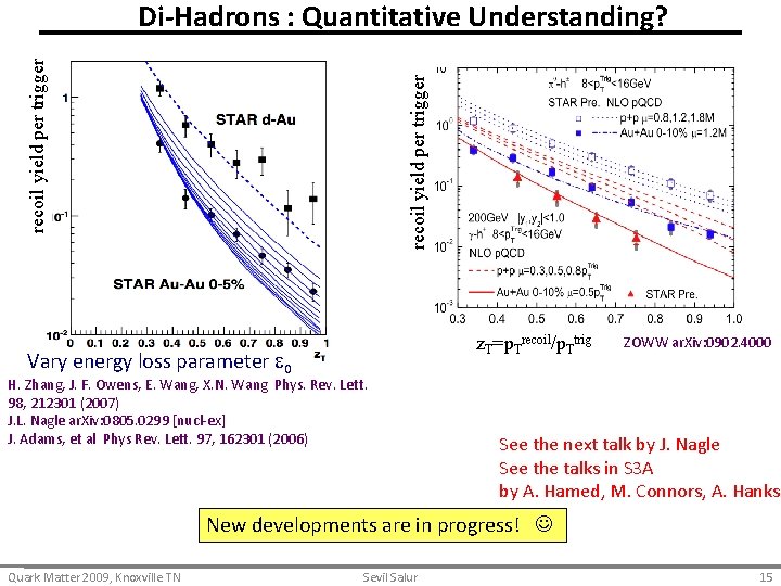 recoil yield per trigger Di-Hadrons : Quantitative Understanding? z. T=p. Trecoil/p. Ttrig Vary energy