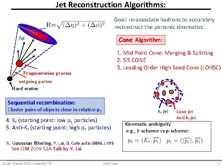 Jet Reconstruction Algorithms: Goal: re-associate hadrons to accurately reconstruct the partonic kinematics. Jet Cone