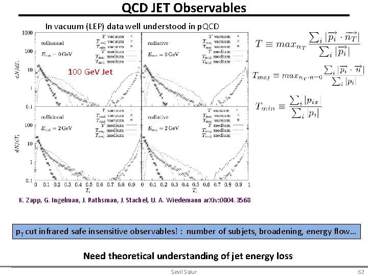 QCD JET Observables In vacuum (LEP) data well understood in p. QCD 100 Ge.
