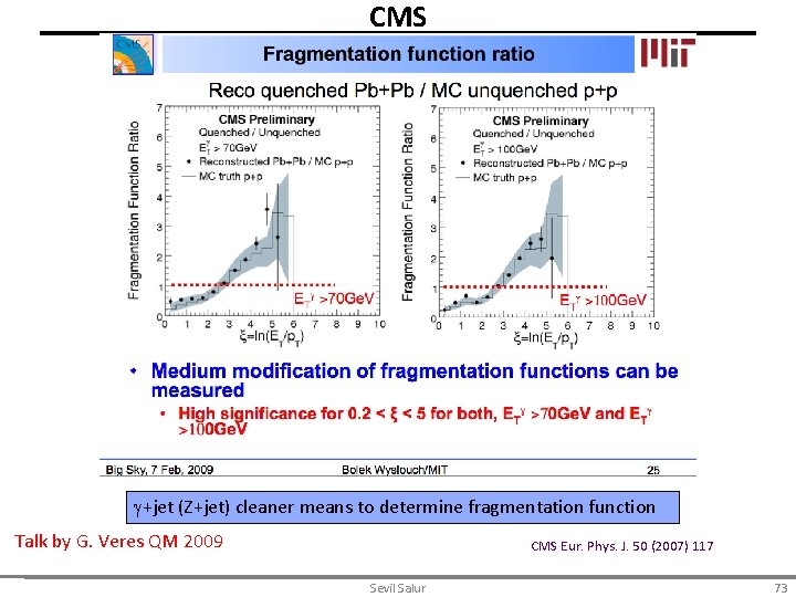 CMS g+jet (Z+jet) cleaner means to determine fragmentation function Talk by G. Veres QM