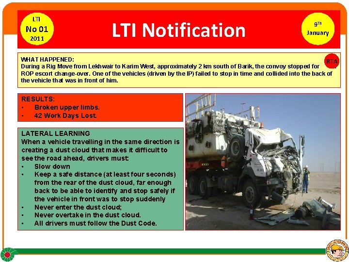 LTI No 01 2011 LTI Notification 9 Th January WHAT HAPPENED: RTA During a