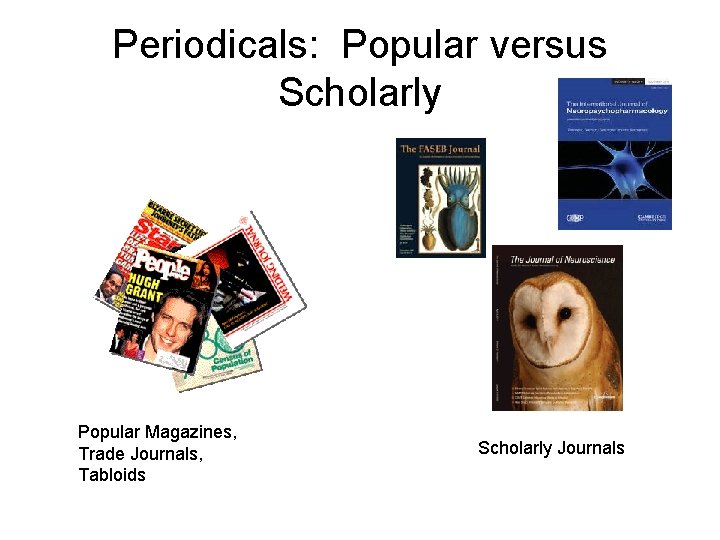 Periodicals: Popular versus Scholarly Popular Magazines, Trade Journals, Tabloids Scholarly Journals 