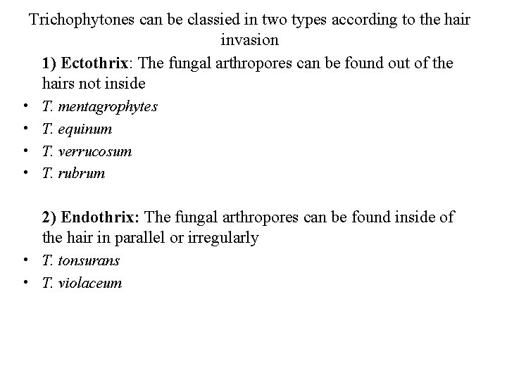 Trichophytones can be classied in two types according to the hair invasion 1) Ectothrix:
