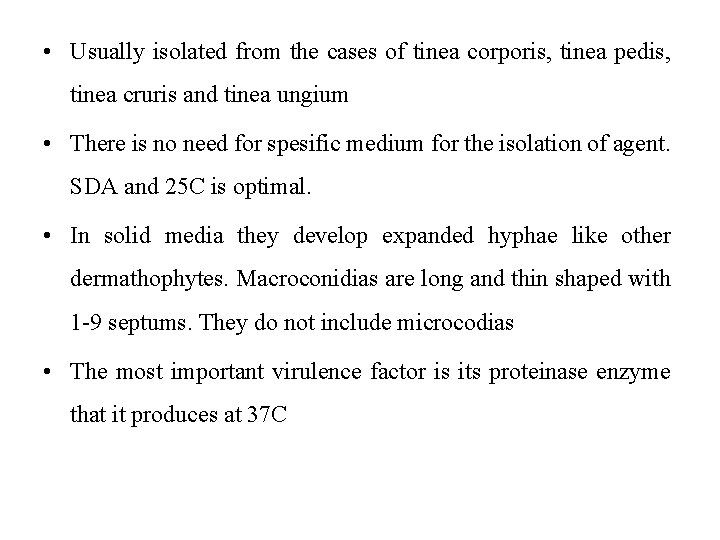  • Usually isolated from the cases of tinea corporis, tinea pedis, tinea cruris