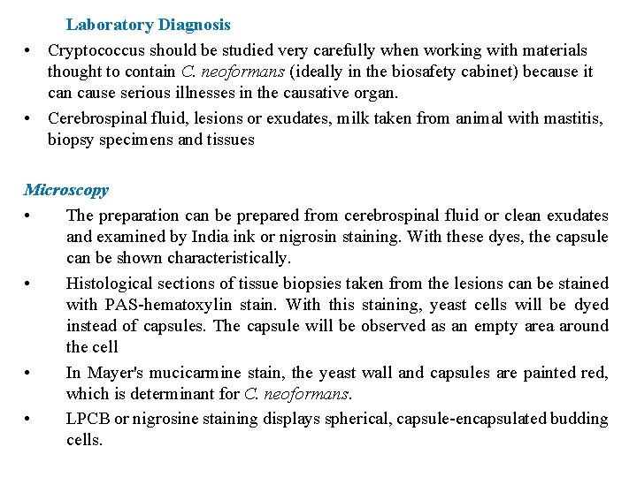 Laboratory Diagnosis • Cryptococcus should be studied very carefully when working with materials thought