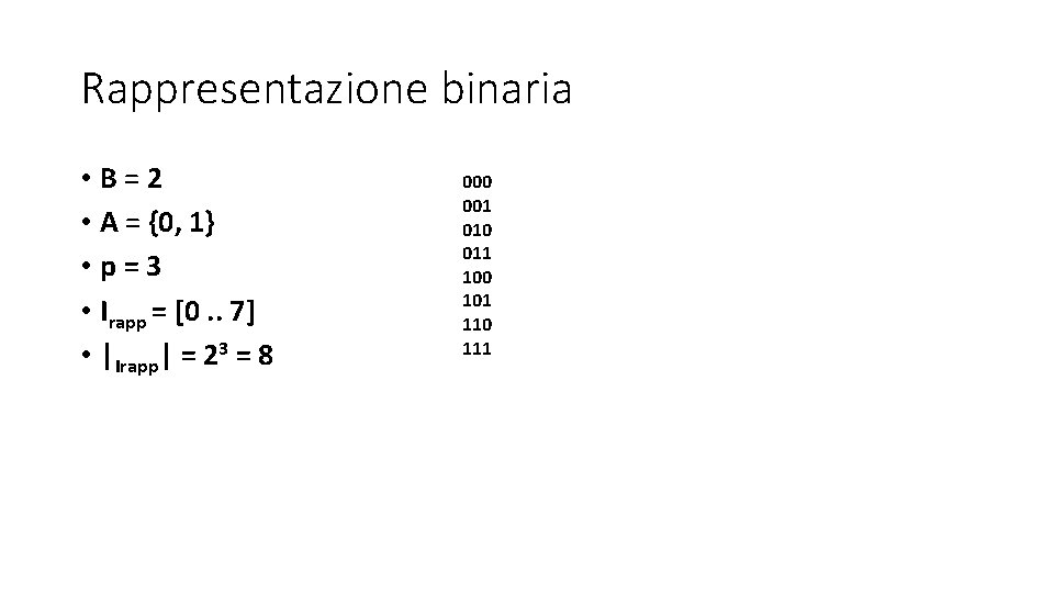Rappresentazione binaria • B=2 • A = {0, 1} • p=3 • Irapp = Rappresentazione binaria • B=2 • A = {0, 1} • p=3 • Irapp =