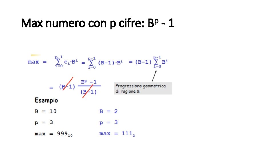 Max numero con p cifre: Bp - 1 Max numero con p cifre: Bp - 1