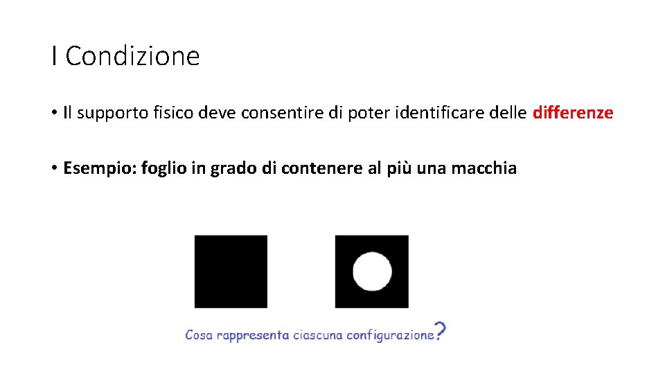 I Condizione • Il supporto fisico deve consentire di poter identificare delle differenze • I Condizione • Il supporto fisico deve consentire di poter identificare delle differenze •