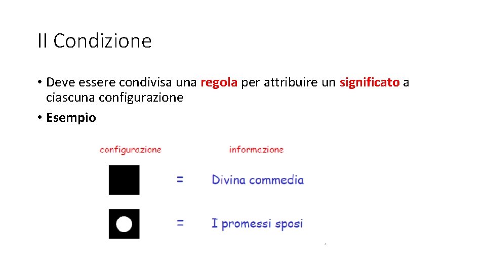 II Condizione • Deve essere condivisa una regola per attribuire un significato a ciascuna II Condizione • Deve essere condivisa una regola per attribuire un significato a ciascuna