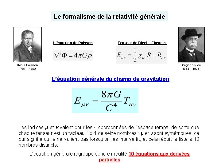 Le formalisme de la relativité générale L’équation de Poisson Tenseur de Ricci − Einstein