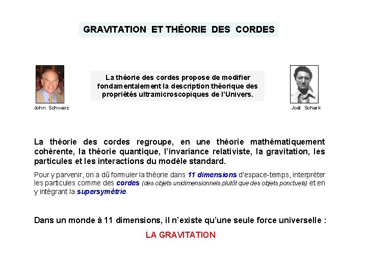GRAVITATION ET THÉORIE DES CORDES La théorie des cordes propose de modifier fondamentalement la GRAVITATION ET THÉORIE DES CORDES La théorie des cordes propose de modifier fondamentalement la