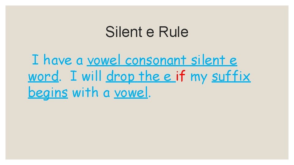 Silent e Rule I have a vowel consonant silent e word. I will drop Silent e Rule I have a vowel consonant silent e word. I will drop