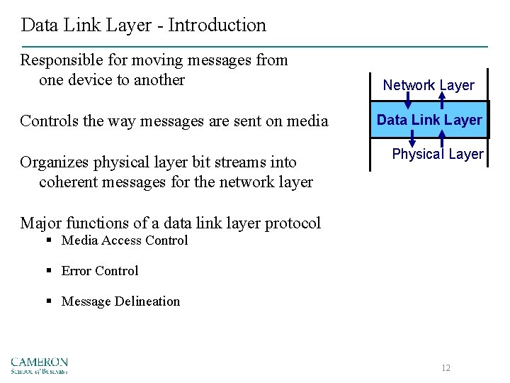 Data Link Layer - Introduction Responsible for moving messages from one device to another