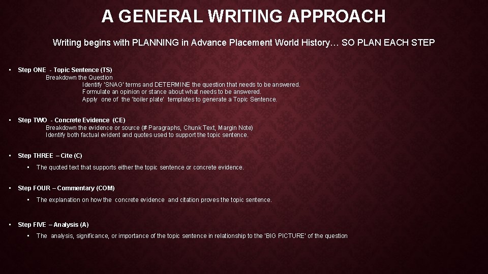 A GENERAL WRITING APPROACH Writing begins with PLANNING in Advance Placement World History… SO A GENERAL WRITING APPROACH Writing begins with PLANNING in Advance Placement World History… SO