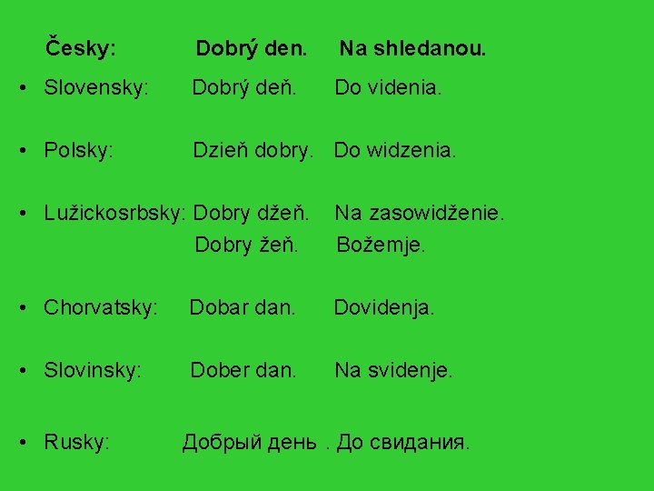 Česky: Dobrý den. Na shledanou. • Slovensky: Dobrý deň. Do videnia. • Polsky: Dzieň