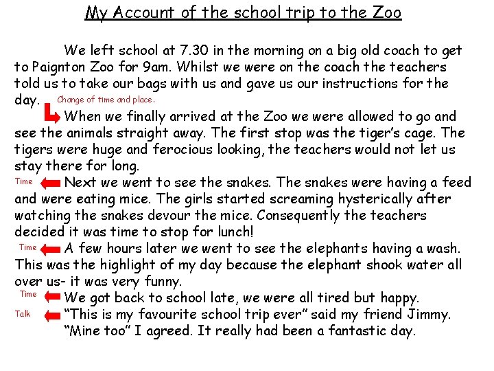 My Account of the school trip to the Zoo We left school at 7. My Account of the school trip to the Zoo We left school at 7.