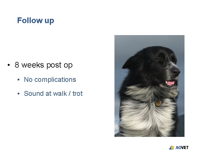 Follow up • 8 weeks post op • No complications • Sound at walk Follow up • 8 weeks post op • No complications • Sound at walk