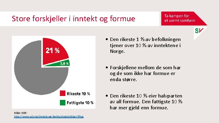 Store forskjeller i inntekt og formue • Den rikeste 1 % av befolkningen tjener