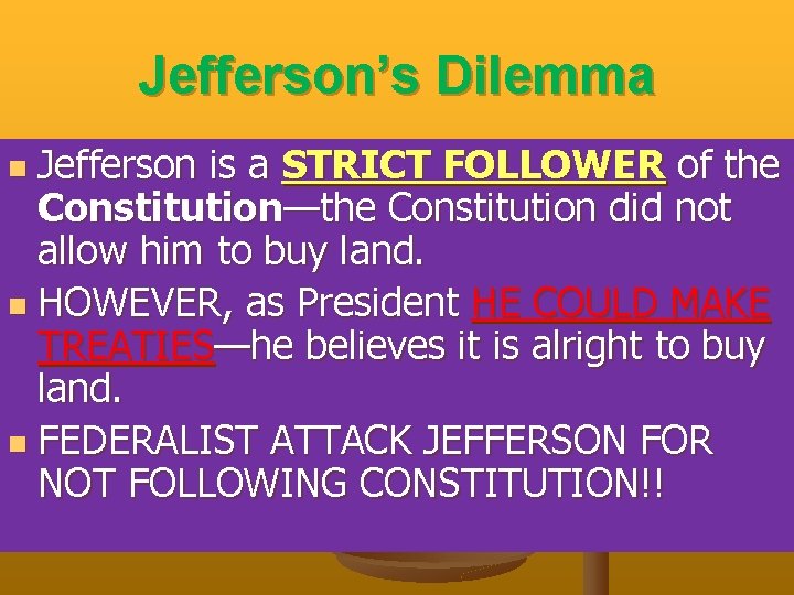 Jefferson’s Dilemma Jefferson is a STRICT FOLLOWER of the Constitution—the Constitution did not allow