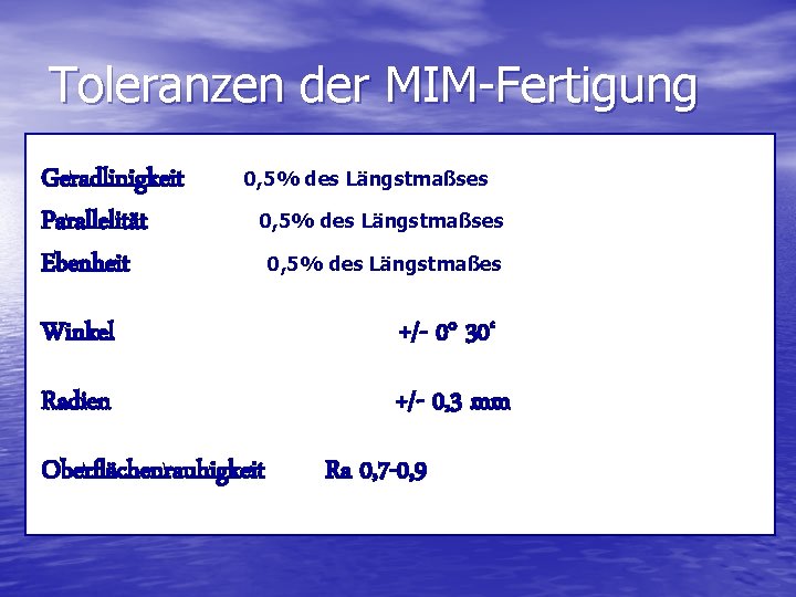 Toleranzen der MIM-Fertigung Geradlinigkeit Parallelität Ebenheit 0, 5% des Längstmaßses 0, 5% des Längstmaßes