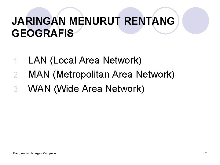 JARINGAN MENURUT RENTANG GEOGRAFIS LAN (Local Area Network) 2. MAN (Metropolitan Area Network) 3.