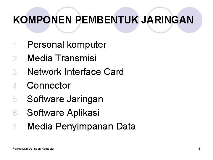 KOMPONEN PEMBENTUK JARINGAN 1. 2. 3. 4. 5. 6. 7. Personal komputer Media Transmisi