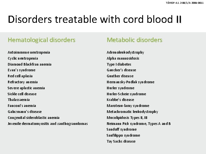 TÁMOP-4. 1. 2 -08/1/A-2009 -0011 Disorders treatable with cord blood II Hematological disorders Metabolic