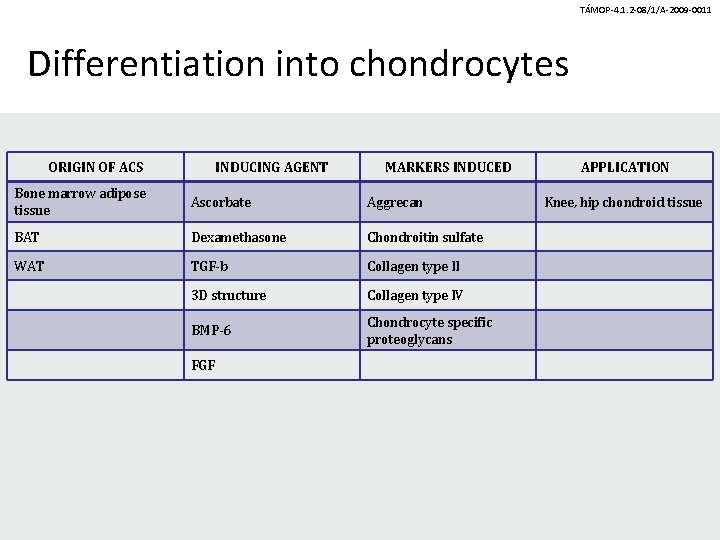 TÁMOP-4. 1. 2 -08/1/A-2009 -0011 Differentiation into chondrocytes ORIGIN OF ACS INDUCING AGENT MARKERS