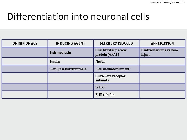 TÁMOP-4. 1. 2 -08/1/A-2009 -0011 Differentiation into neuronal cells ORIGIN OF ACS INDUCING AGENT