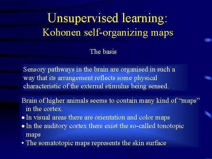 Unsupervised learning: Kohonen self-organizing maps The basis Sensory pathways in the brain are organised