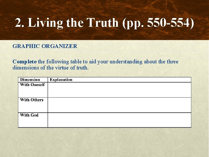 2. Living the Truth (pp. 550 -554) GRAPHIC ORGANIZER Complete the following table to