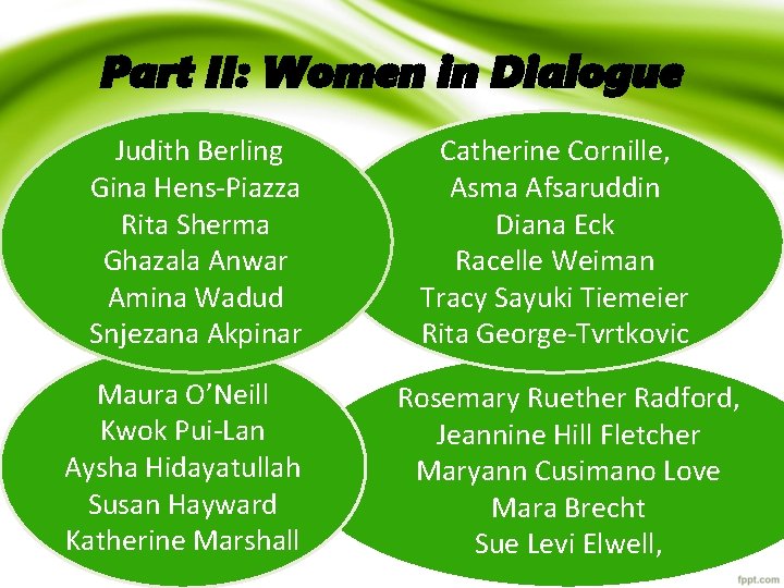 Part II: Women in Dialogue Judith Berling Gina Hens-Piazza Rita Sherma Ghazala Anwar Amina