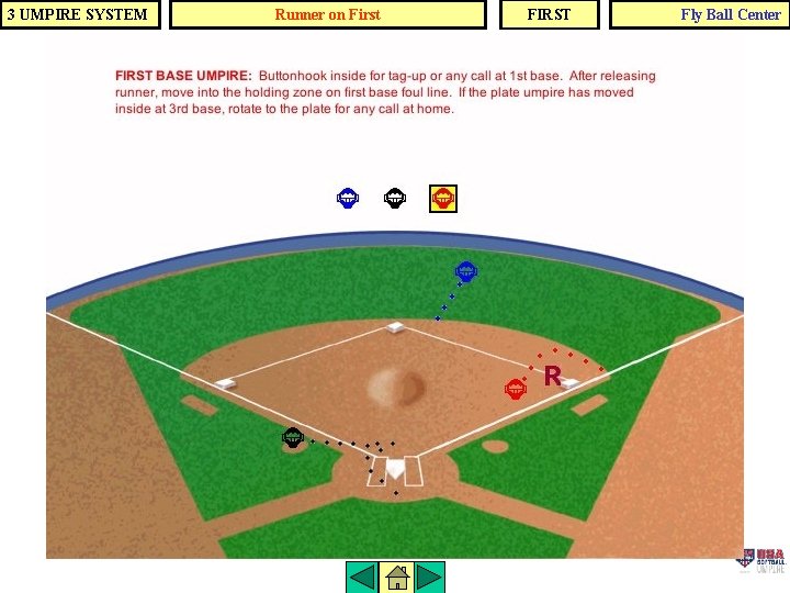 3 UMPIRE SYSTEM Runner on First FIRST Fly Ball Center 