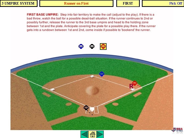 3 UMPIRE SYSTEM Runner on First FIRST Pick Off 