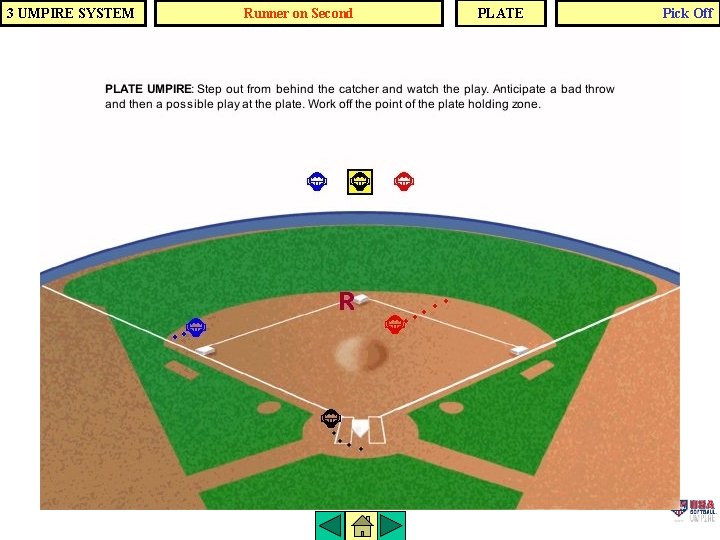 3 UMPIRE SYSTEM Runner on Second PLATE Pick Off 